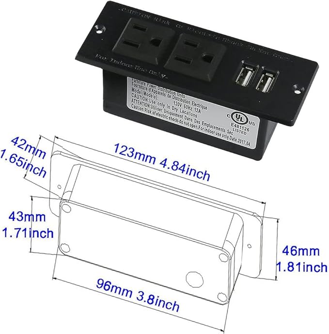 Desktop Power Strip with 2 Outlets 2 USB 2.1A Insert Mounting Built in Desk Table Sofa Cabinet Nightstand