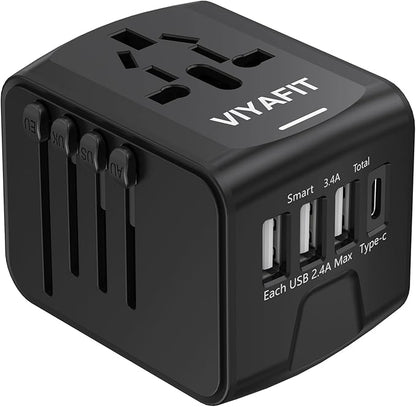 Universal International Travel Power Adapter, All in One Wall Charger with High Speed 2.4A 3xUSB, 3.0A Type-C, European Adapter, Worldwide AC Outlet Plugs for UK, CA, EU, AU, Asia (Gray Black)