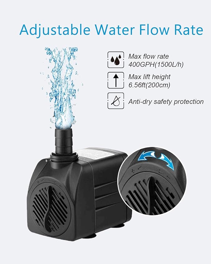 Submersible Pump 400GPH (1500L 25W) Ultra Quiet with Dry Burning Protection 6.5ft High Lift for Fountains, Hydroponics, Ponds, Aquariums & More