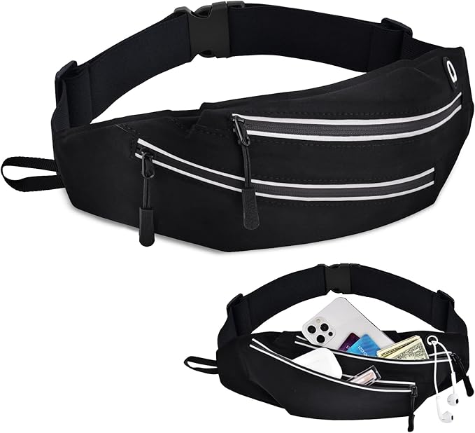 Running Belts for Men Women, Running Fanny Pack with 2-Zipper Pockets, Waterproof Waist Pack Phone Bag Carrying All Phones, Reflective Runners Belt Jogging Pocket Belt