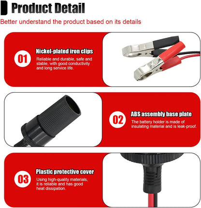 12 Inch Cigarette Lighter Extension Cord, 12V Car Battery Clamp-on Extension Charge Cable, Battery Alligator Clip to Female Cigarette Lighter Socket, Cigarette Splitter Plug Extension Socket (1PC)
