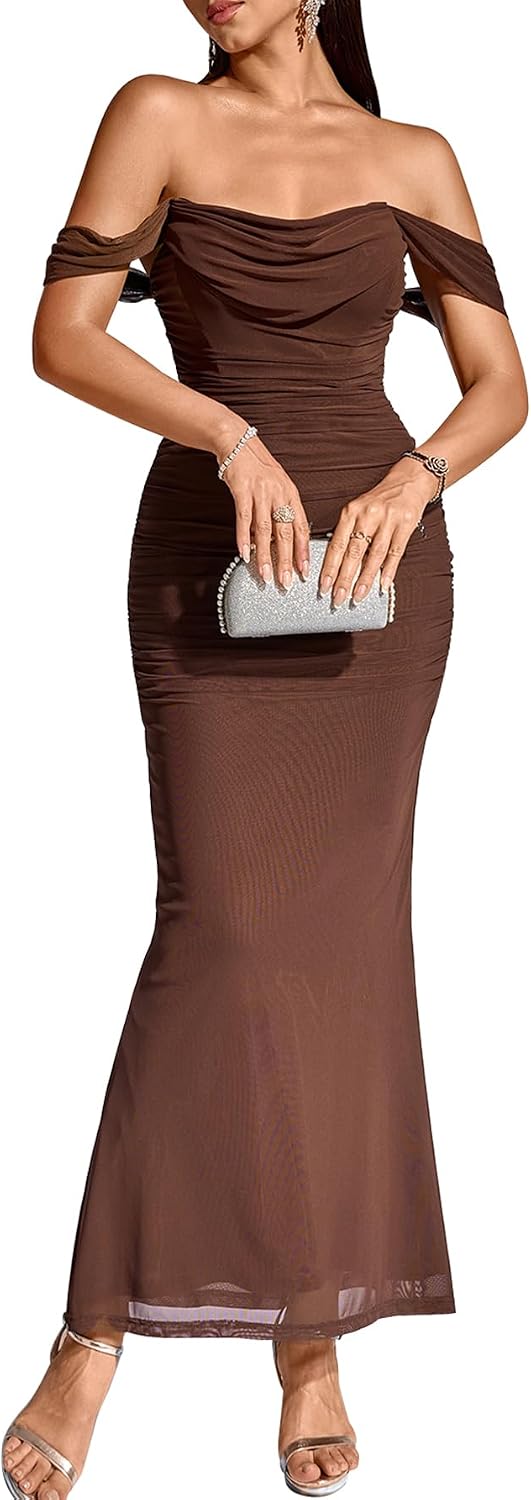 Stunning off-the-shoulder dress with ruched detailing and slim bodycon fit for weddings, parties, or nights out.