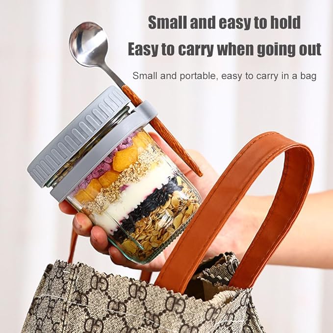 Overnight Oats Jars,Glass Yogurt Jars for Overnight,Leak Proof Mason Glass Jars for Milk Cereal,Chia Pudding Jars,Oats Containers with Spoon,Lid and Measurement Marks for Meal Prep (Gray)