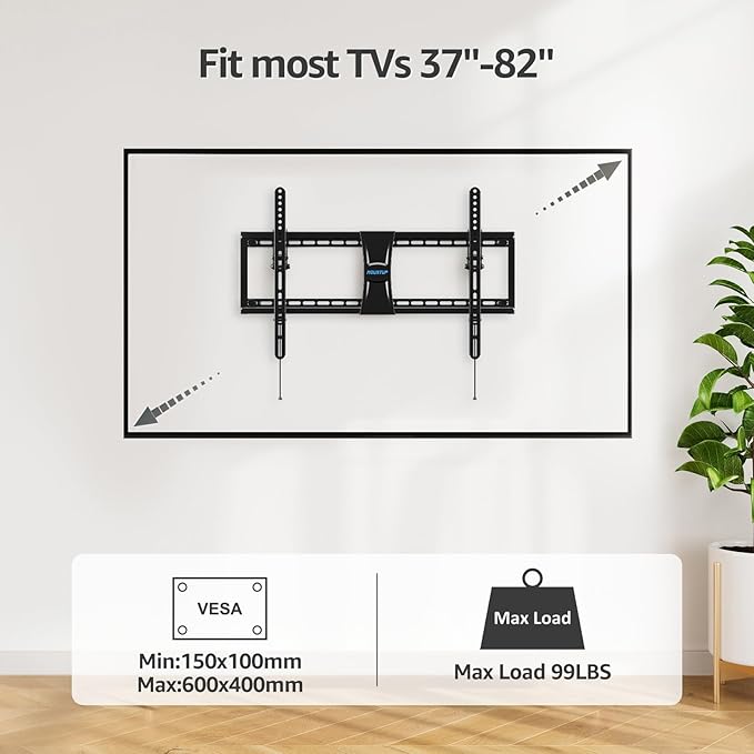 MOUNTUP UL Listed TV Wall Mount, Tilting TV Mount Bracket for Most 37-82 Inch Flat ScreenCurved Low Profile Wall Mount Saving Space Max VESA 600x400mm Hold up to 99 lbs Fit 16" 18" 24" Stud MU0008