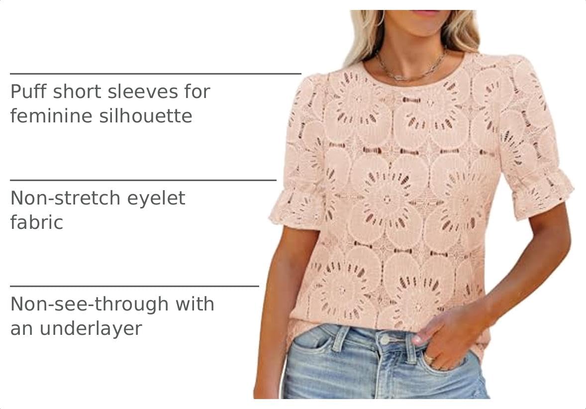 LUXVEER Women's Eyelet Tops Puff Short Sleeve Blouses Dressy Casual Cute Hollow Out Crochet Lace Embroidered Summer Shirts