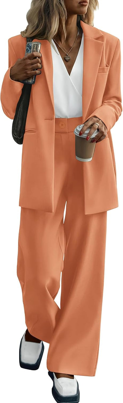 Women's Fall Two Piece Outfits Dressy Blazer Jacket and Wide Leg Pants Pockets Business Casual Office Suit Sets