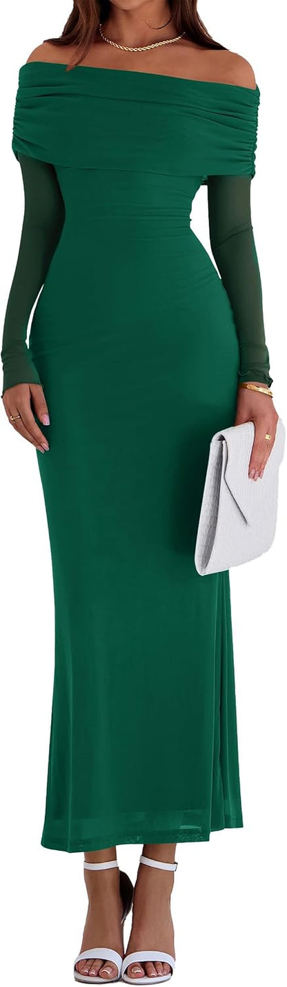 PRETTYGARDEN Fall Dresses for Women 2026 Elegant Off The Shoulder Long Sleeve Formal Wedding Guest Bodycon Maxi Dress .