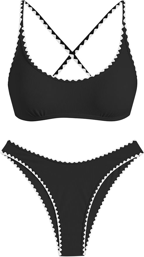 ZAFUL Women's Bikini Set Criss Cross Back Two Piece Swimsuits Scoop Neck Splicing Lace Up Textured Bathing Suits