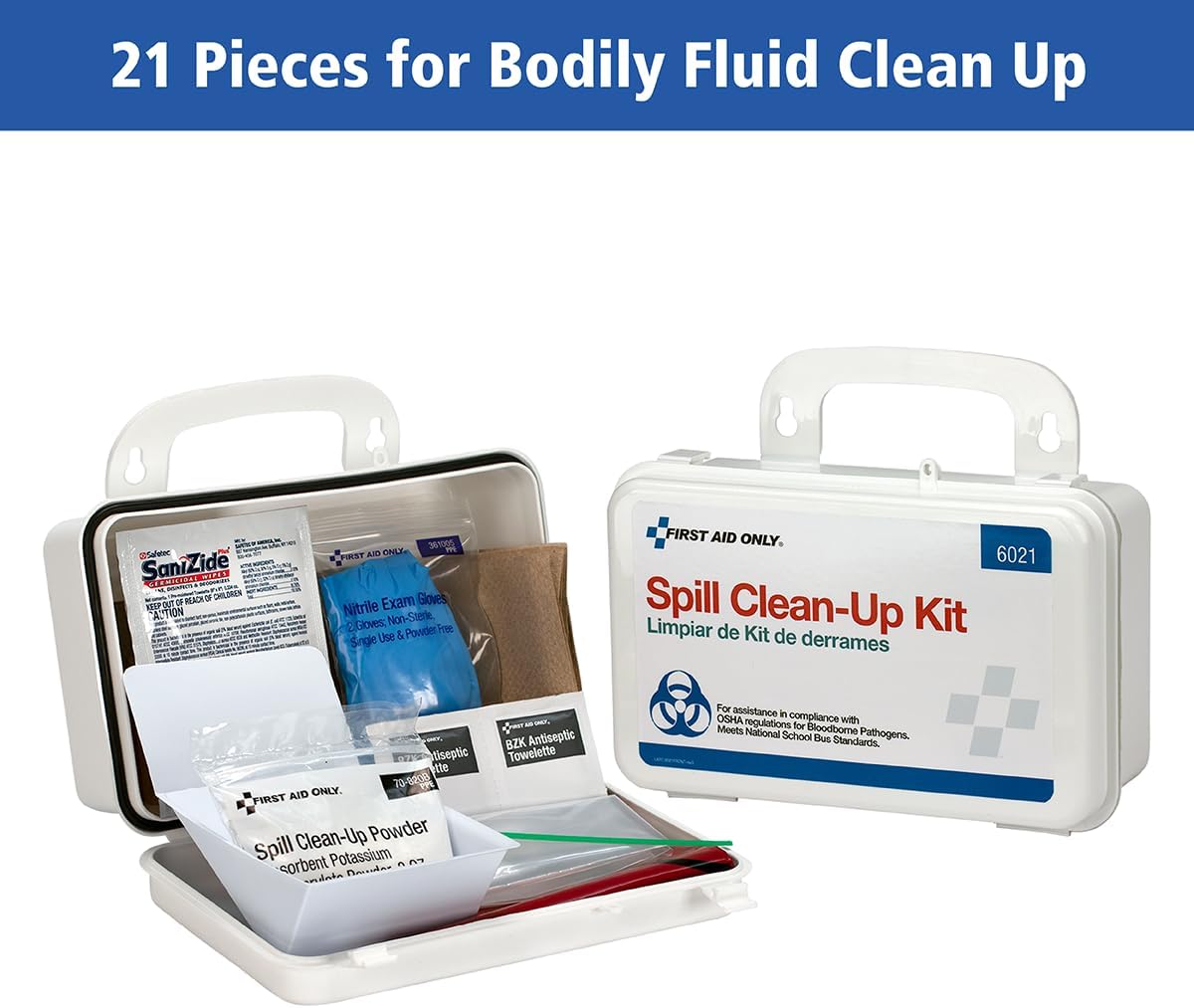 First Aid Only 6021 21-Piece Body Fluid Clean Up Kit, Commercial Cleaning Equipment for Spills in Weatherproof Plastic Case, White