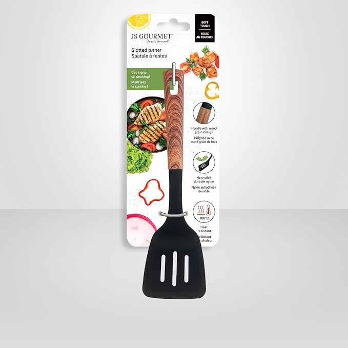Soft Touch Nylon Slotted Turner with Wood Grain Handle and Hanging Hole, Heat Resistance, Non Stick Flexible Flipper Spatula, for Flipping Pancakes, Fish, Eggs and More