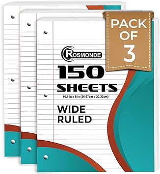 Loose Leaf Paper, 450 Sheets, 3 Pack, 56 gsm Wide Ruled Sheets, 8" x 10.5", Bulk Notebook Paper, 3 Hole Punched, 150 Sheets/Pack, Wide Ruled Paper for Binders, Loose Leaf Office Paper, White