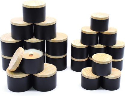 12 Pack Candle Jars, 6pcs 8oz + 6pcs 4oz Candle Tins with Metal Wood-Grain Printing Lids, Empty Candle Jars for Making Candles Bulk Candle Containers - Black