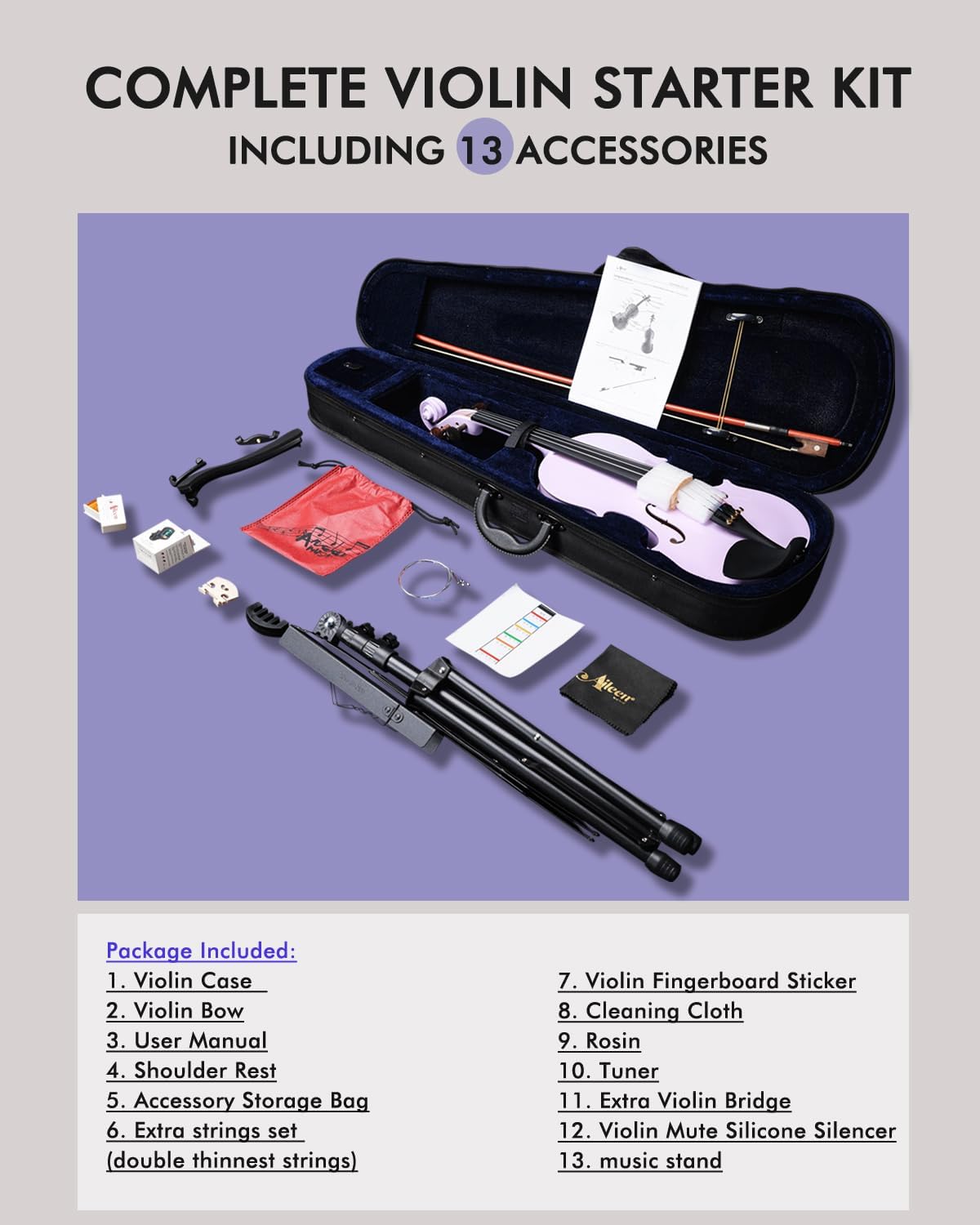Aileen Violin 4/4 Full Size for Adults Beginners, Purple Fiddle Starter Kit for Students Age 12+ (Dos not Include NY Accessories)