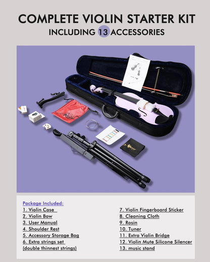 Aileen Violin 4/4 Full Size for Adults Beginners, Purple Fiddle Starter Kit for Students Age 12+ (Dos not Include NY Accessories)