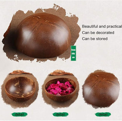 Natural Coconut Bowl Spoon Set,Creative Coconut Shell Fruit Salad Noodle Bowl Wooden Bowl Tableware,4 bowl