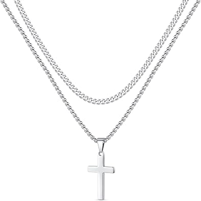 LUXEJEW Cross Necklace for Men - Gold Silver Black Stainless Steel Cross Pendant Necklace Layered Cuban Link Chain Box Chain Mens Jewelry Gifts