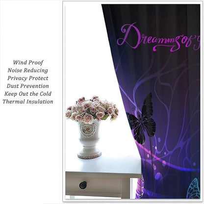 Butterfly Window Curtain, Purple Fantasy Dream Butterfly Curtains for Girls Kids Bedroom Bedroom Nursery Room Living Room 52" W X 84" L