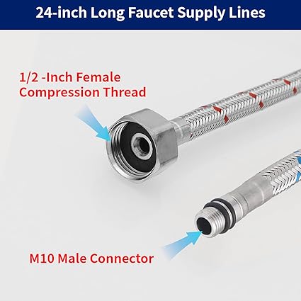 BWE Faucet Supply Lines 24" Length 12 -Inch Female Compression Thread x M10 Male Connector Braided Stainless Steel Sink Hose for Bathroom Kitchen Sink Faucet x 2 Pcs (1 Pair)
