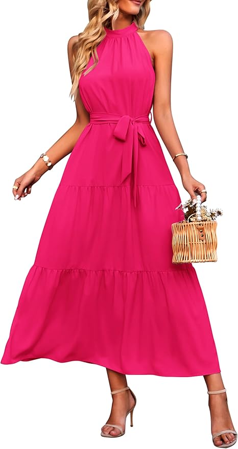 PRETTYGARDEN Women's Summer Floral Maxi Sun Dress Sleeveless Halter Neck Flowy Ruffle Hem Long Boho Dresses with Belt