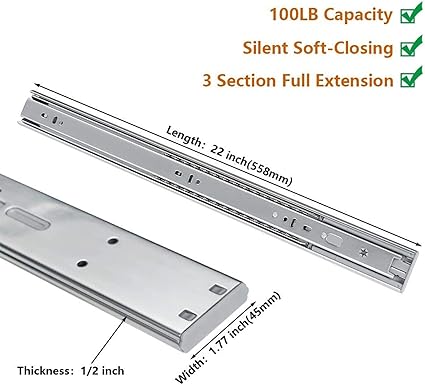 LONTAN 1 Pair Side Mount Heavy Duty Drawer Glides 22 inch Soft Close Drawer Slides 100 LB Capacity Ball Bearing Full Extension Cabinet Rails