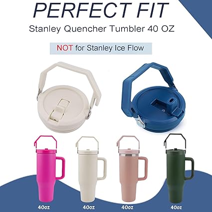 2 Pack 40 oz Tumbler Flip Straw Lid Replacement Fit for 40 oz Stanley Quencher, Leak Proof,Handle On Top,Reusable Tumbler Cover Compatible with 40oz Stanley Quencher (Cream White)
