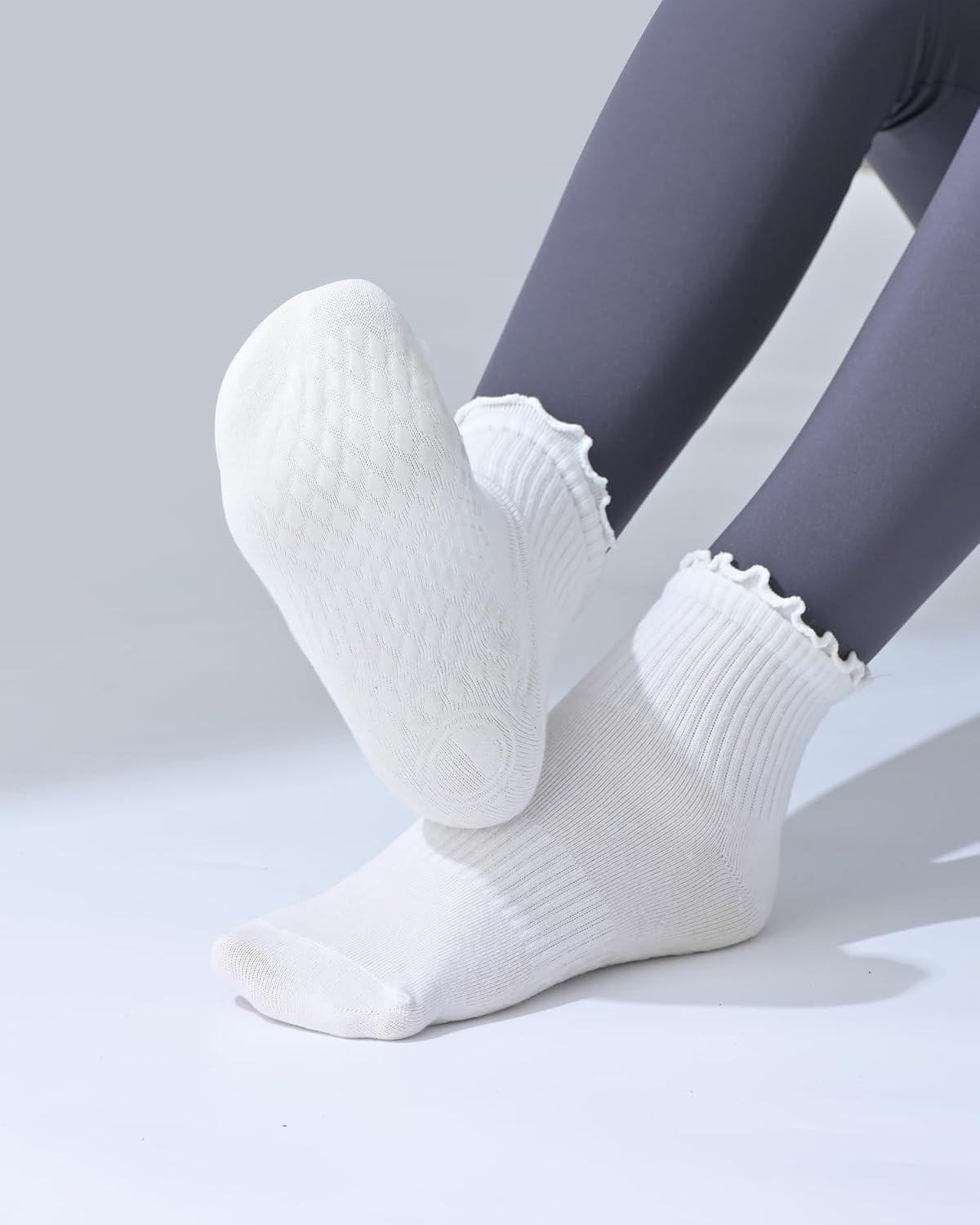 Women’s Non Slip Pilates Socks with Ruffle Pleated & Straight Ribbed Double Cuff, Grip Socks for Yoga, Barre, Dance. ( 3 Pairs )