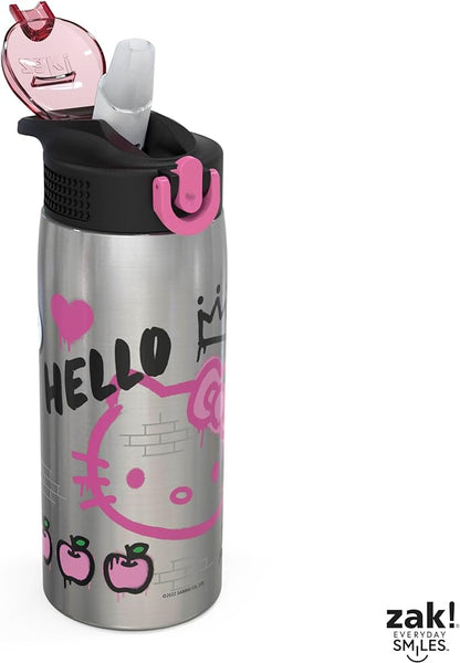 Zak Designs Sanrio Water Bottle for Travel and At Home, 19 oz Vacuum Insulated Stainless Steel with Locking Spout Cover, Built-In Carrying Loop, Leak-Proof Design (Hello Kitty)