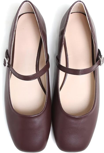 Brown Not Coffee Color TN TANGNEST Women's Leather Flats Square Toe Dress Flats | Retro Soft Mary Jane Flats, Breathable Lightweight Ballet Flats with Adjustable Strap, Comfort Casual Work Shoes
