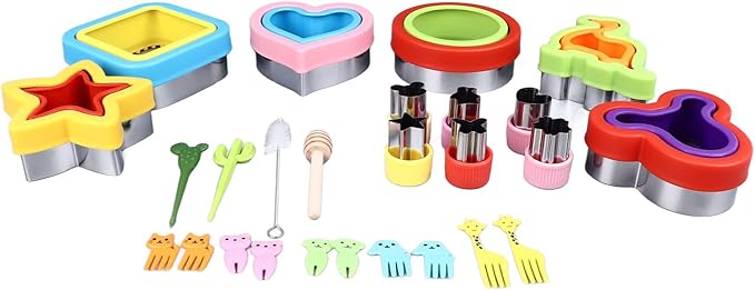 9Pcs Sandwichs Cutter and Sealer Set, Uncrustable Sandwichs Maker, Stainless Steel Cookie Cutters, Vegetable and Fruit Shapes, with Forks, Stirring Stick, Brush for DIY Baking