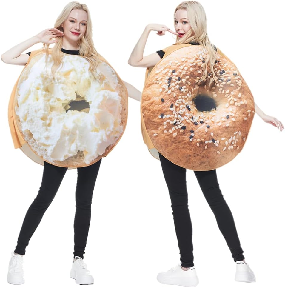 EraSpooky Unisex Adult Couples Bagel Coffee Costume 2 Pc Jumpsuit Halloween Costume One Size Set