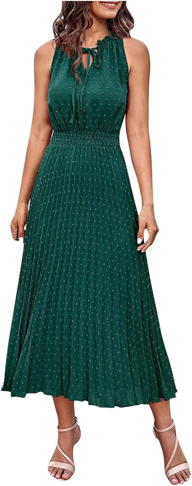 Women Summer Casual Sleeveless Tank Dress Casual V-Neck Tie Pom Poms Sundress Smocked Waist Flowy Maxi Beach Dresses