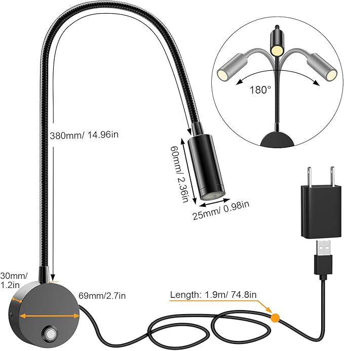 ERAY Plug-in LED Wall Mount Reading Light with 15" Flexible Gooseneck  USB Charging Port Dimmable Focused Bedside Reading Lights Black-1 Pack