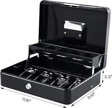 KYODOLED Locking Cash Box with Lock,Money Box with Cash Tray,Lock Safe Box with Key,Money Saving Organizer,11.81Lx 9.45Wx 3.54H Inches,Black XL Large