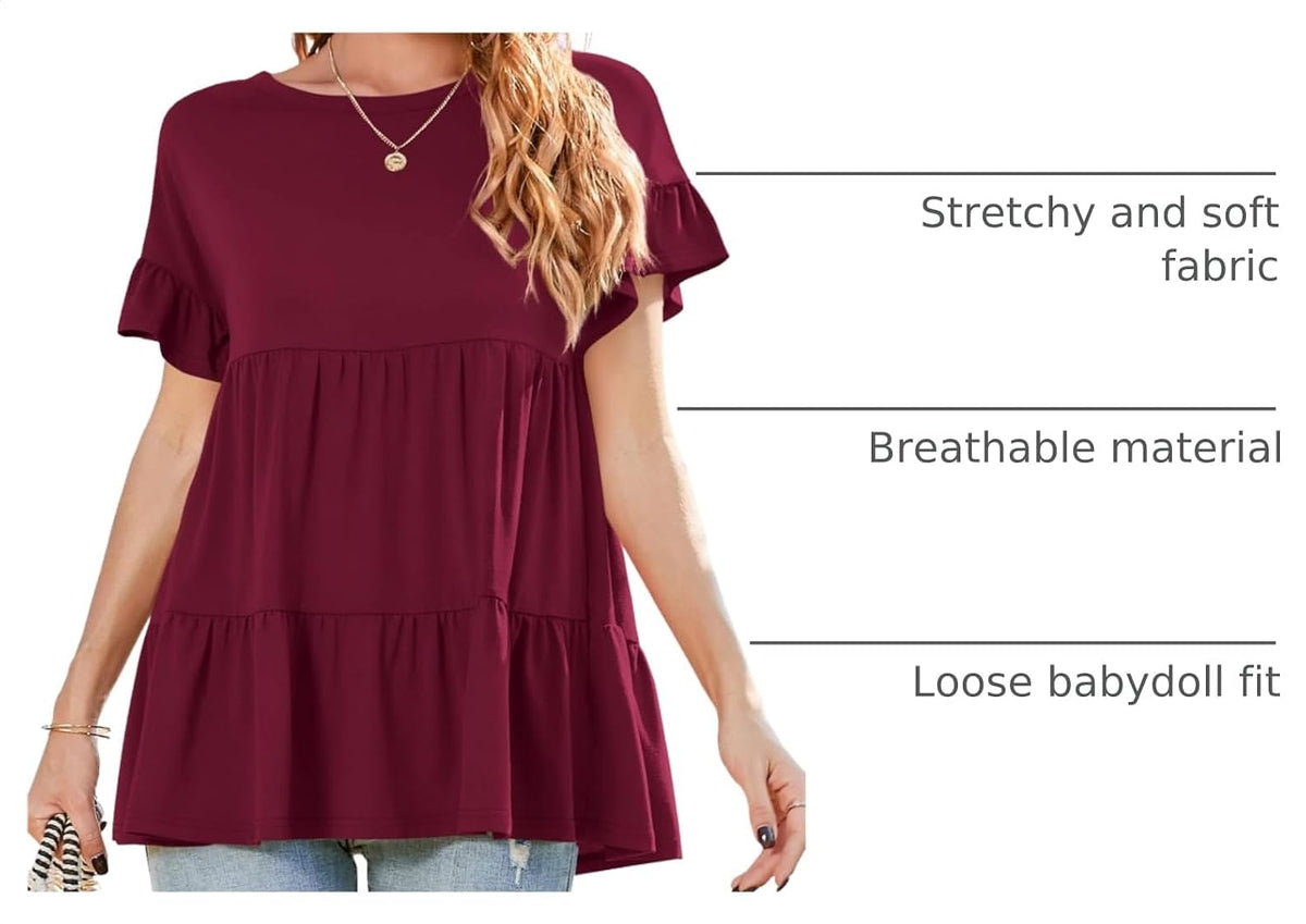 Neineiwu Women's Casual Ruffle Short Sleeve Crewneck Loose Tops Blouses Tunics