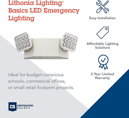 Lithonia Lighting Basics LED Emergency Light, Emergency Lighting with Dual Adjustable LED Lamp Heads, Wall Mount, Damp Location Rated, 90-Minute Backup, 120277V, White (EU2C M6)