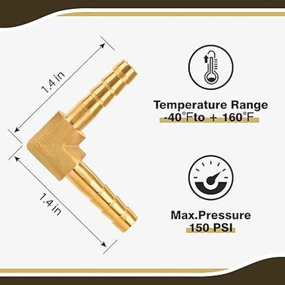 14" Hose Barb Elbow 90 Degree, Brass Barb Fitting for Fuel, Air, Oil, 4 Clamps Included (2-Pack)