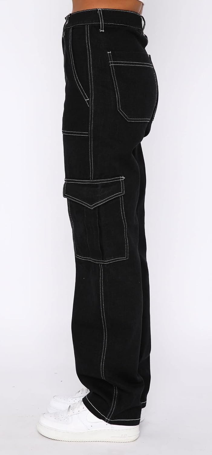 CHARTOU Women's Y2k Style Mid-Rise Wide Leg Straight Boyfriend Cargo Denim Jeans Pants
