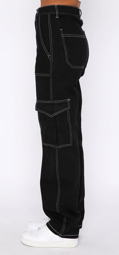 CHARTOU Women's Y2k Style Mid-Rise Wide Leg Straight Boyfriend Cargo Denim Jeans Pants