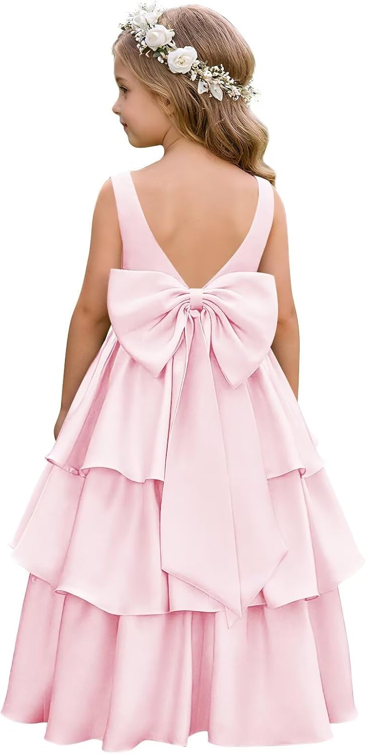 Satin Flower Girl Dresses for Wedding Tiered First Communion Dress Bow on Back Girls Formal Pageant Party Ball Gown