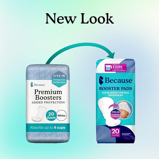Because Premium Incontinence Booster Pads for Men and Women, Adds 4 Cups Extra Absorbency to Adult Diapers, Super Soft, Adhesive Strip Backing, Unisex, 20 Count
