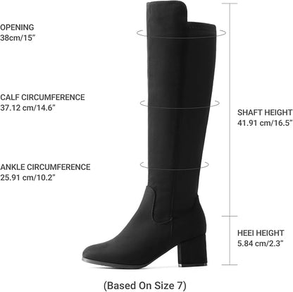 Soft suede upper, faux fur lining, zipper closure for classic, fashionable, warm, and comfortable knee-high boots.