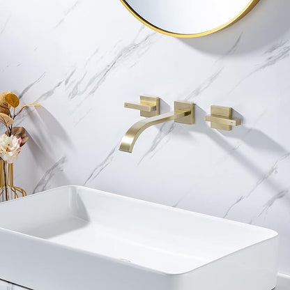 Brass Wall Faucet Brushed Gold Wall Mounted Bathroom Faucet, Wall Mount Bathroom Sink Faucet, Dual Lever Handle, Rough-in Valve Included, Pt001-BG