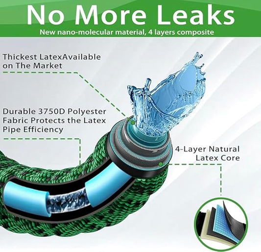 JB XpandaHose 100ft Expandable Garden Hose with Holder - Heavy Duty Superior Strength 3750D - 4 -Layer Latex Core - Extra Strong Brass Connectors and 10 Spray Nozzle wStorage Bag (Green 100)