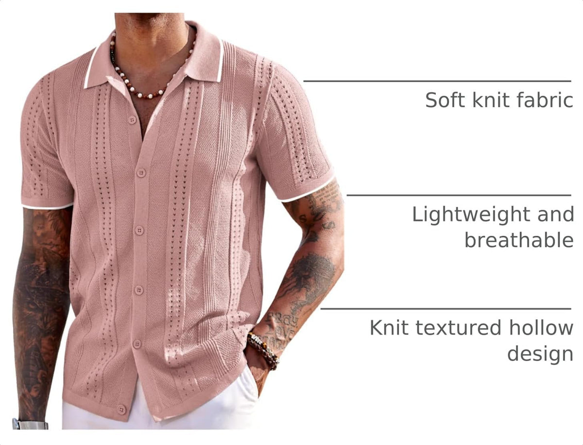 COOFANDY Men's Knit Shirts Short Sleeve Button Down Polo Shirt Fashion Casual Summer Beach Shirts