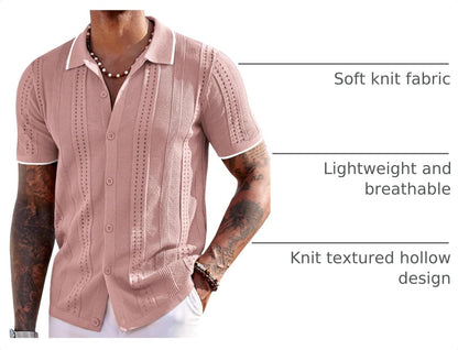COOFANDY Men's Knit Shirts Short Sleeve Button Down Polo Shirt Fashion Casual Summer Beach Shirts