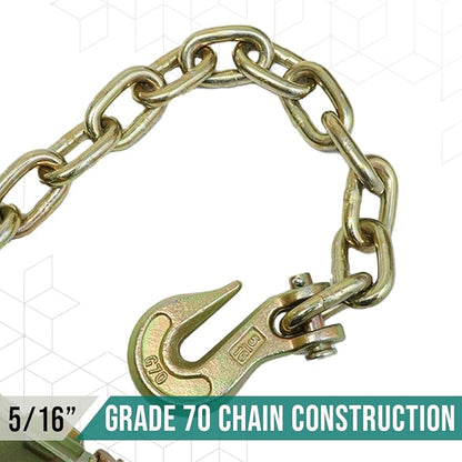 2" Ratchet Buckle with 516 G70 Forged Hook  Chain Extension 1.5 feet  2Pack - Double Locking Ratchet, Breaking Strength 10,000lbs Towing Tie Down