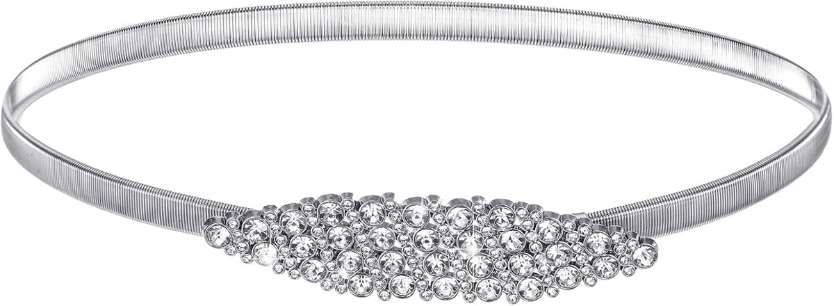 Rhinestone Belt for Formal Dress Silver Elastic Adjustable Thin Metal Belts, Skinny Ladies Belt for Women Dresses Wedding Party Formal Occasions(29–33 Inches)