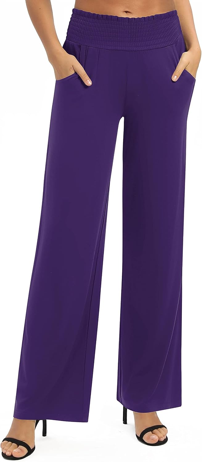 Urban CoCo Womens High Waist Flowy Palazzo Pants Elastic Waist Wide Leg Stretchy Straight Leg Dressy Casual Lounge Trousers