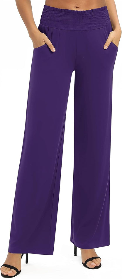 Urban CoCo Womens High Waist Flowy Palazzo Pants Elastic Waist Wide Leg Stretchy Straight Leg Dressy Casual Lounge Trousers