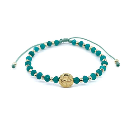 St Benedict Coin and Natural Round Aquamarine Agate Beads Adjustable Bracelet for Women (Aquamarine Agate)